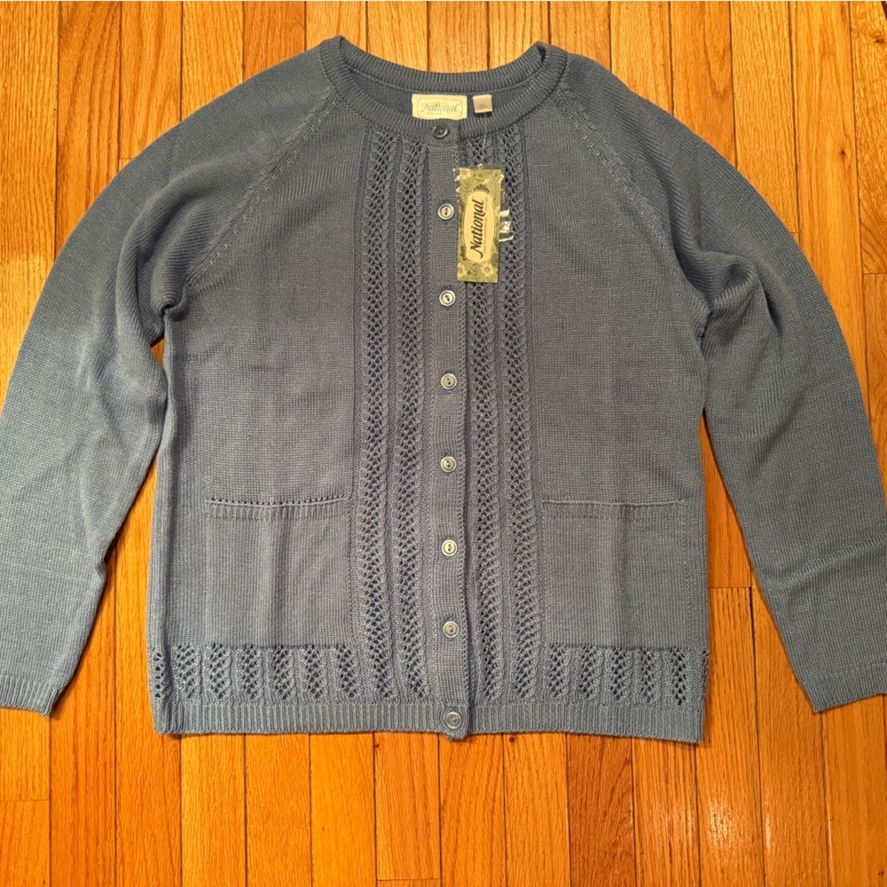 Classic Blue Button Up Open Knit Grandma Cardigan Sweater